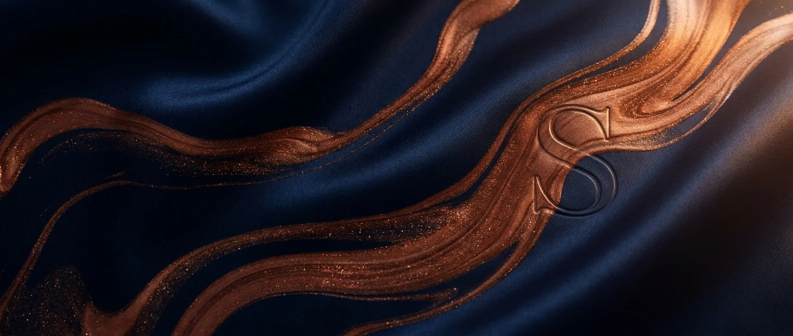 An abstract design with bronze and navy textures features a central 'S' emblem, representing strong relationships.