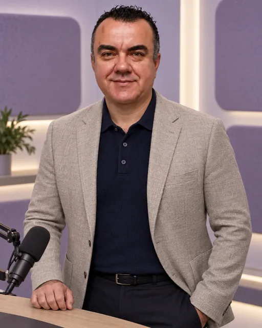 Stuart Newman at a broadcast desk in a stone jacket
