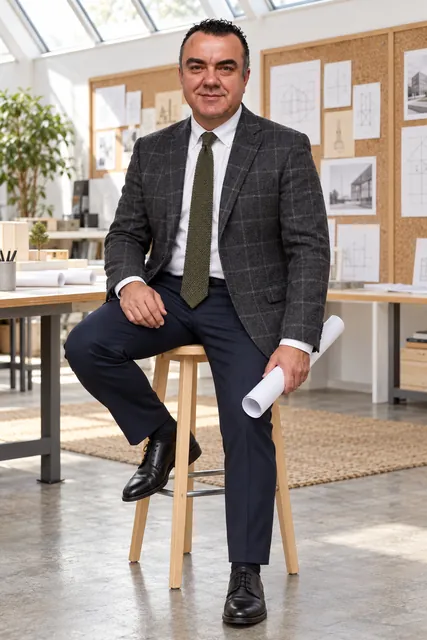 Stuart Newman seated on a drafting stool in a charcoal plaid jacket