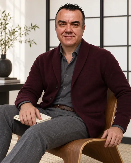 Stuart Newman seated in a wine shawl cardigan
